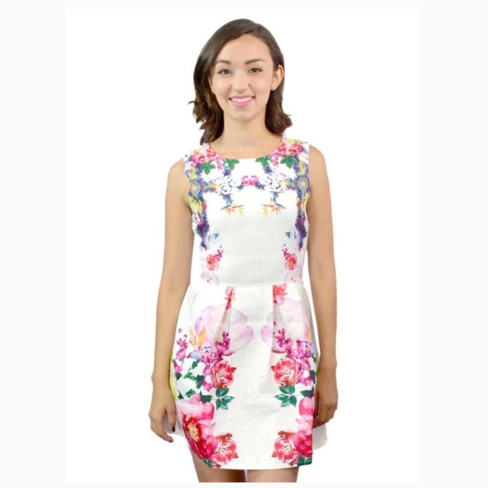 Floral Print Flared Sleeveless Mini Dress White XS